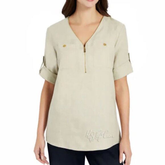 Ellen Tracy Cream Roll Tab Sleeve Linen Tunic Size Small - Picture 2 of 16